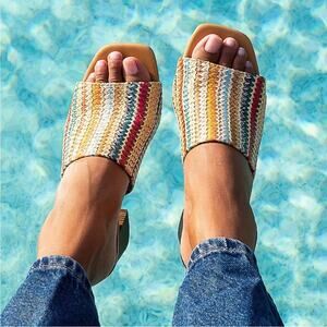 Seychelles Adapt Raffia Natural Multi Stacked Heel Sandals Rainbow Size 8.5